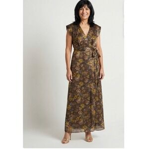 New Azazie Atelier Kellie Mocha Wrap Maxi Dress Floral Metallic 14 V-Neck Formal